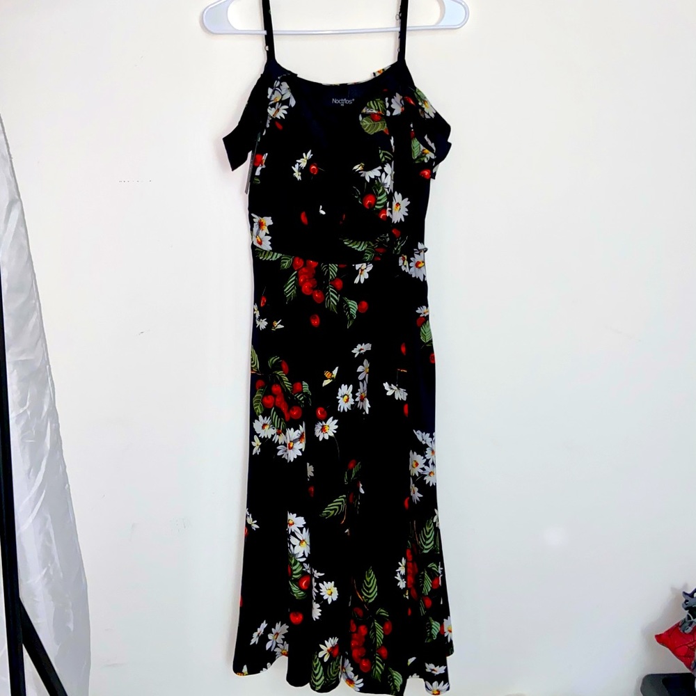 Black off shoulder dress with cherries & flowers